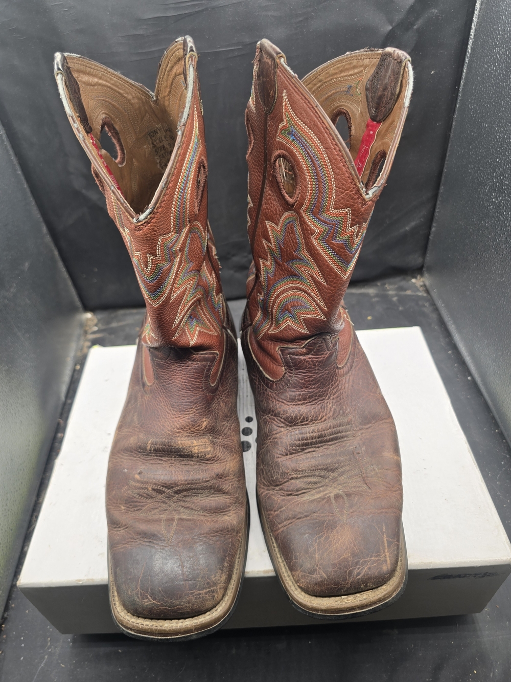 Tony Lama Brown Leather Cowboy Boots with Multicolor Stitching